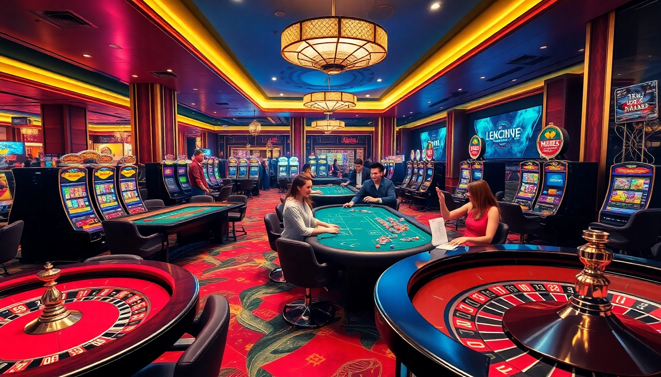 Experience the thrill of jun88 phiên bản 1 with players enjoying vibrant casino games in an upscale environment.