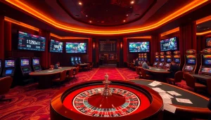 Experience the excitement at okwin's luxury casino with vibrant roulette tables and high-stakes gaming.