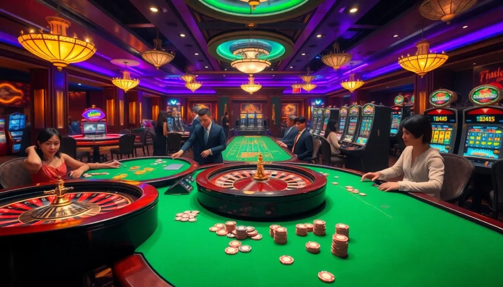 Players enjoying thrilling bets at nhà cái vua99, showcasing dynamic casino action with poker chips and roulette.