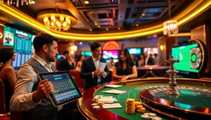 Bet on sbobet with excitement at a stylish casino gaming lounge featuring modern betting interfaces and thrilling atmosphere.