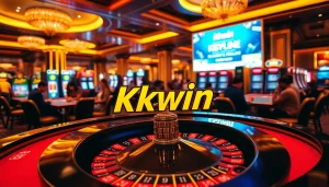 Gambler placing bets at Kkwin's luxurious casino table filled with colorful chips and cards.
