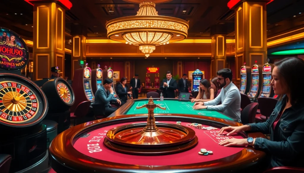 Experience thrilling gameplay at NOHU90 with poker chips, vibrant slot machines, and roulette wheels.