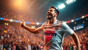 Celebrate with the spirit of Real Madrid as a player triumphantly scores a goal in front of cheering fans.