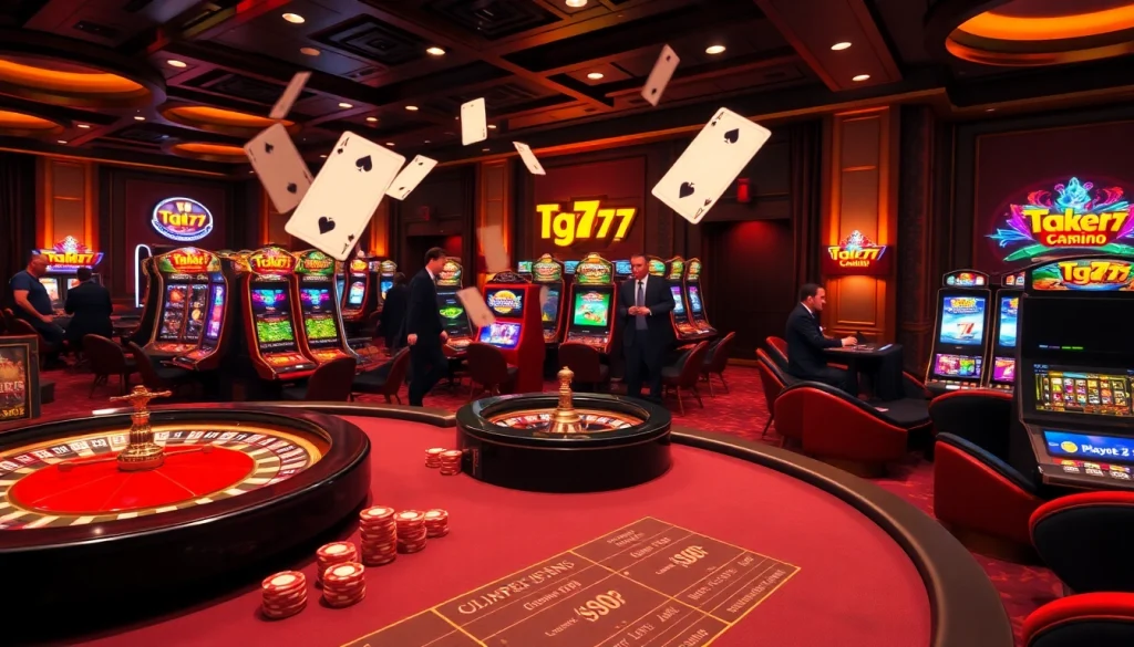 Players enjoying thrilling games at TG777 Casino with vibrant slots and a roulette wheel.
