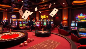 Players enjoying thrilling games at TG777 Casino with vibrant slots and a roulette wheel.