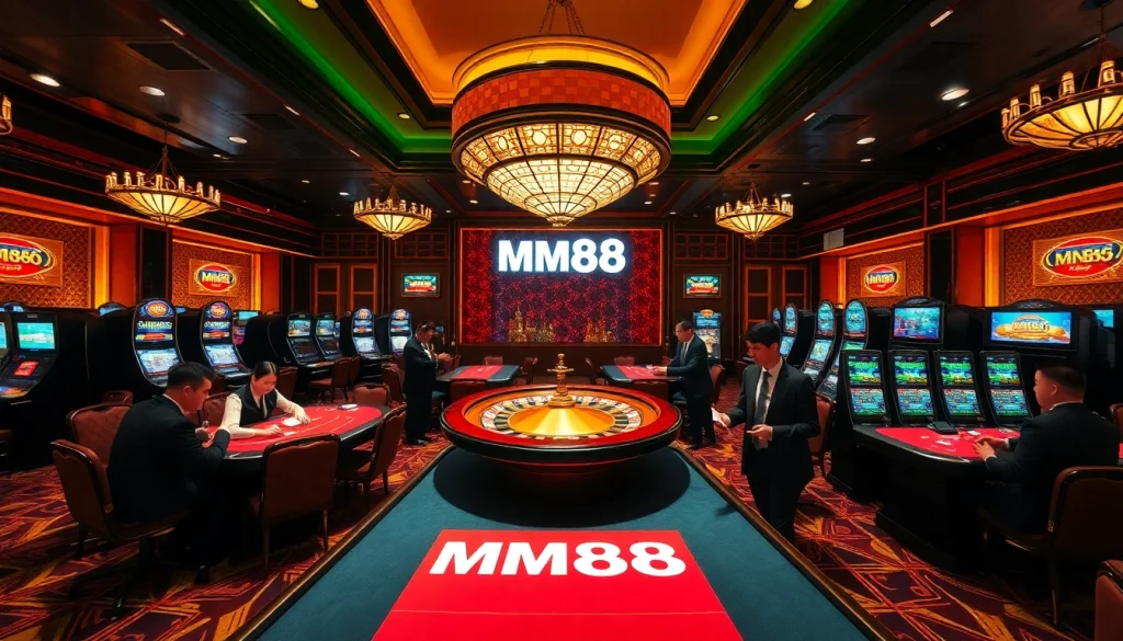 Exciting casino scene with MM88 branding and players at roulette and poker tables.