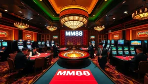 Exciting casino scene with MM88 branding and players at roulette and poker tables.