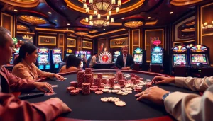 Engaged players at Nhà Cái X88 enjoying a vibrant poker game in a luxurious casino setting.