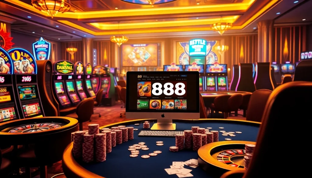 U888 online gaming interface with vibrant casino elements and poker chips.