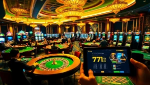 Engaging scene of players at a table gaming with 79King poker chips and vibrant casino ambiance.