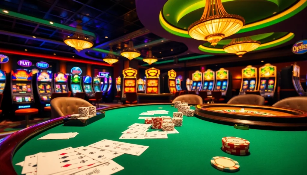 Join the excitement at https://8fly886.com/ with a vibrant casino scene featuring poker tables and slot machines.