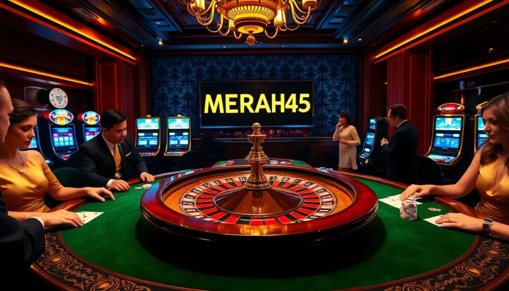 Players enjoying a thrilling roulette game at MERAH45 casino with luxurious decor, exciting atmosphere.