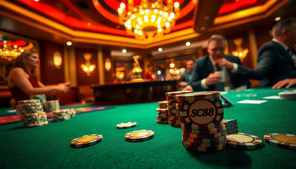 Experience the thrill of SC88 with luxurious casino gameplay featuring poker chips and cards.