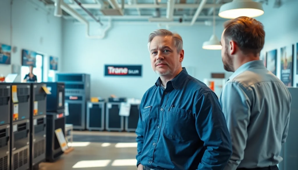 Trane furnace dealer assisting a customer in a well-lit showroom filled with modern furnaces.