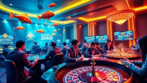 Players enjoying the vibrant bắn cá đổi thưởng game amidst exciting casino atmosphere and thrilling visuals.
