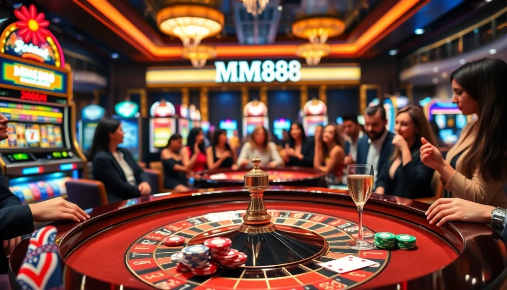 Exciting MM888 casino gaming scene with roulette table and colorful poker chips.