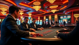 Players engage in a thrilling poker game at a casino table, inspired by https://23win.cooking/.