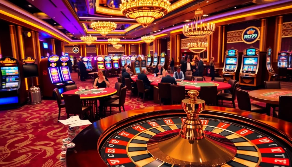 Exciting atmosphere at the RR99 casino with players enjoying engaging games and vibrant slot machines.