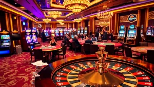 Exciting atmosphere at the RR99 casino with players enjoying engaging games and vibrant slot machines.