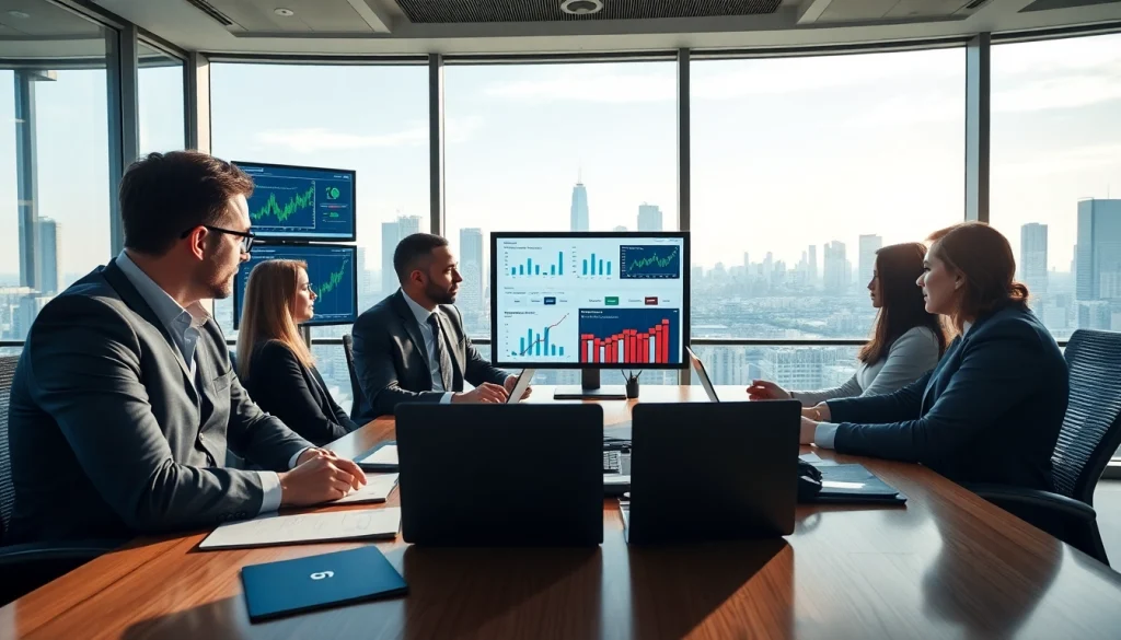 Engaging competitive intelligence faqs session with a team analyzing data in a modern office.