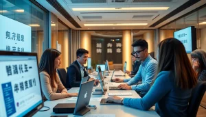 Collaborative professionals using 有道翻译 for seamless translation in a modern office.