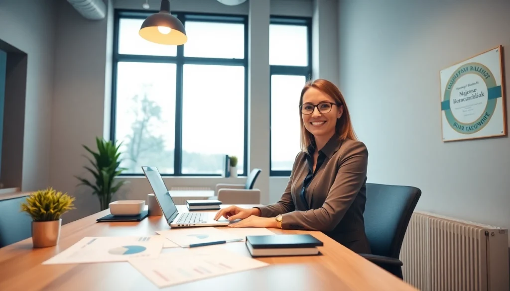 Profesjonalne otoczenie Biura rachunkowego w Poznaniu, prezentujące nowoczesne biuro z zachęcającego wyglądu i pracującym księgowym.
