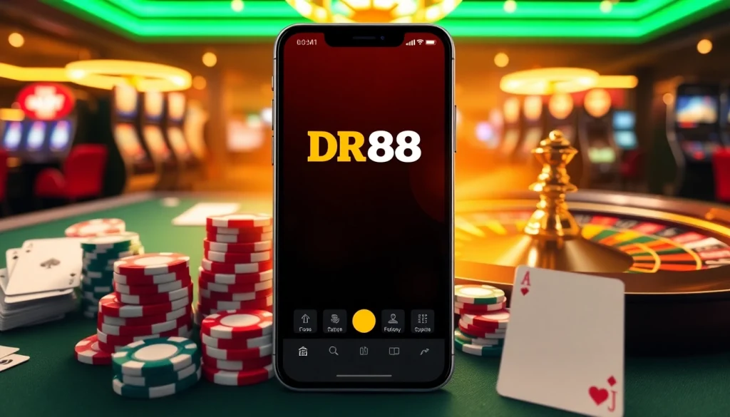 Experience luxury gaming with the DR88 app amidst vibrant casino visuals.
