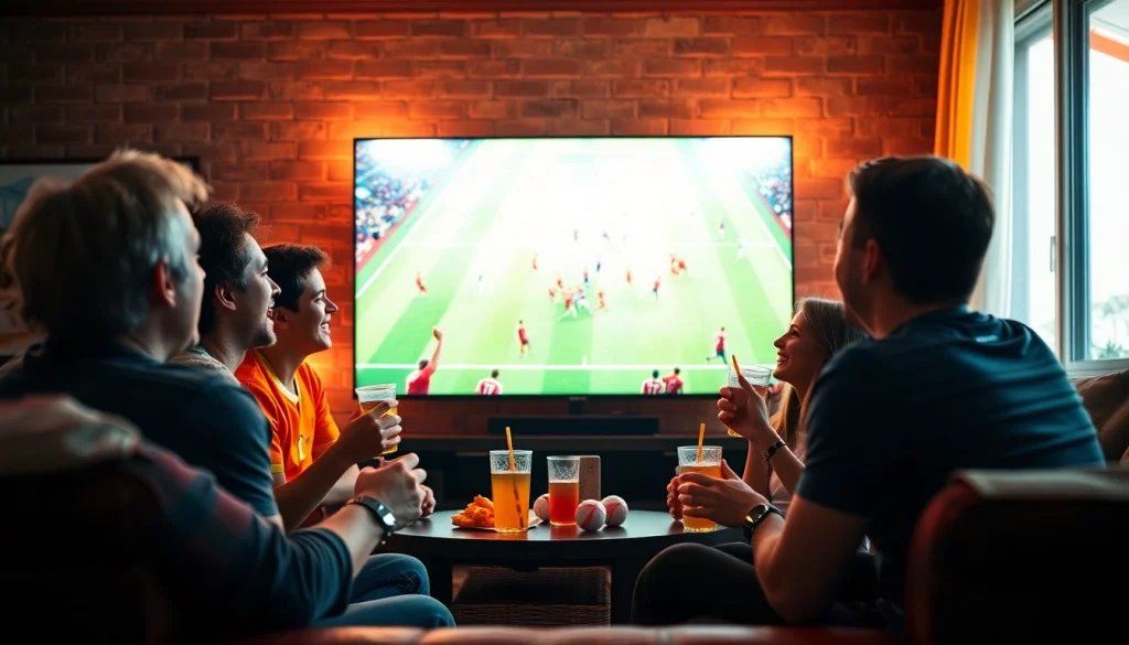 A lively living room gathering watching a football match on SOCOLIVE TV, highlighting excitement and community.