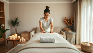수원출장마사지용 편안한 홈 마사지 공간 구성, 친절한 마사지사가 공간을 준비하는 모습.