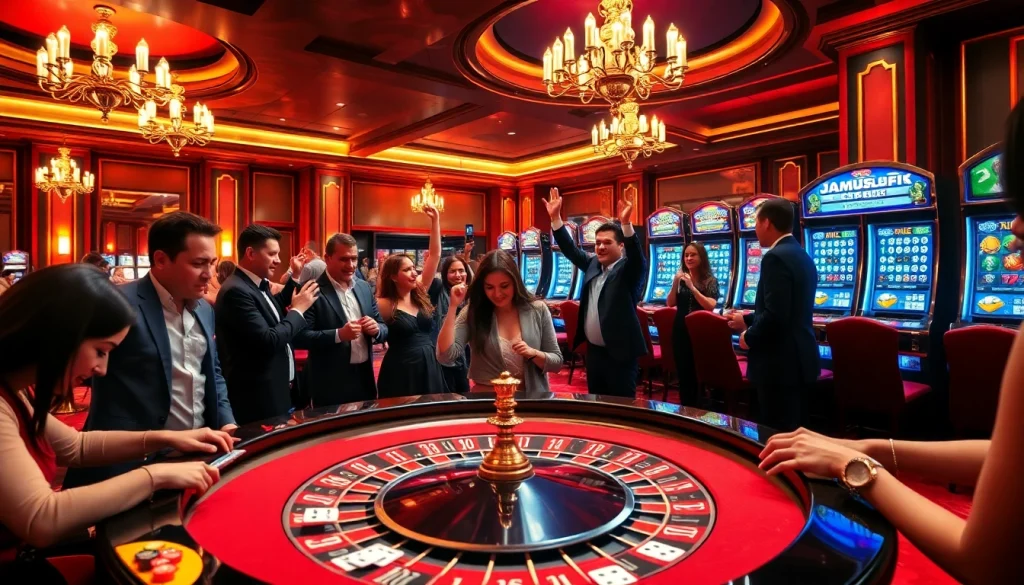 Gamblers enjoying an exciting atmosphere at the casino while playing slot machines and roulette, featuring jamuslot elements.