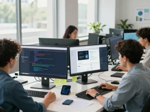 A collaborative workspace showcasing website development with diverse developers working on coding and design.