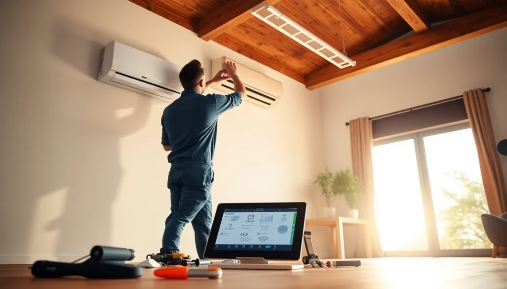 Expert technician executing ductless mini-split installation in a contemporary home environment.