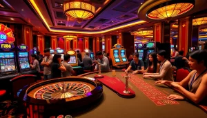 F168 branded casino scene with active players at a roulette wheel, poker table, and slot machines.