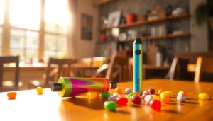 Showcase a colorful candy vape pen surrounded by candies, perfect for a fun vaping experience.