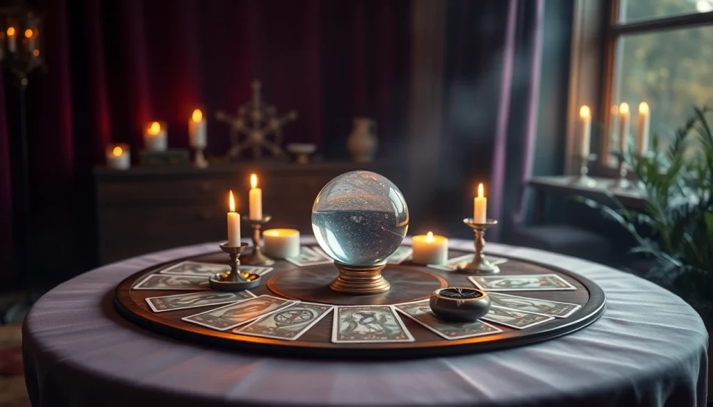 タロットカードとクリスタルボールを特徴とした魅力的な占いのシーンで信頼できる電話占い当たるを体験しましょう。