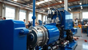 Highlighting industrial hydraulics solutions in a modern workshop featuring advanced machinery and technicians.