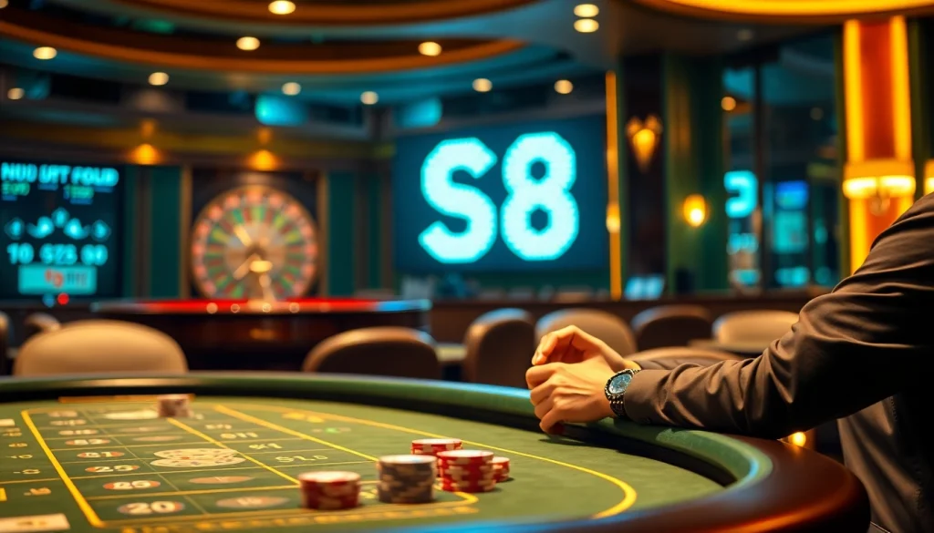 Engaging S8 casino scene showcasing high-stakes poker action and luxurious equipment.