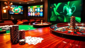 Action excitante de casino en ligne avec des jetons de poker et des cartes à jouer sur une table luxueuse.