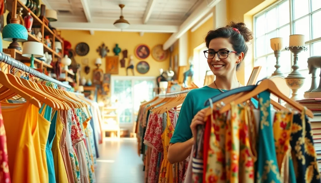 Browse unique finds at a thrift store filled with colorful vintage clothing and eclectic items.