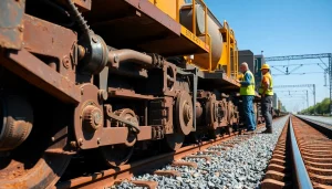 Technicians providing Emergency Railroad Repair Services with heavy machinery on railway tracks.