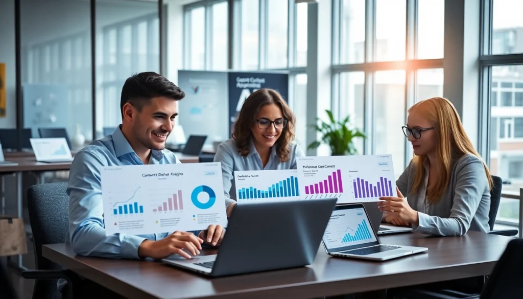 Conducting a Content Gap Analysis with data charts in a professional office environment.