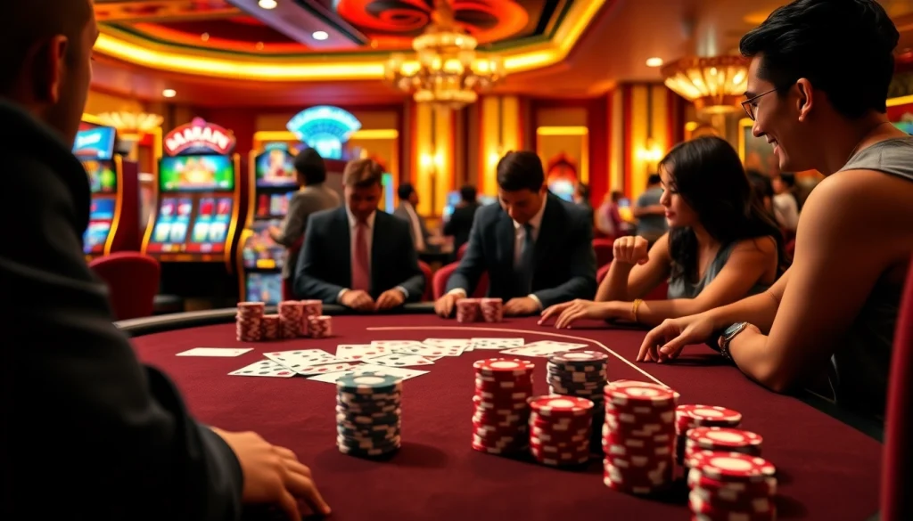 Joueurs enthousiastes s'engageant dans un cadre luxueux de casino en ligne avec des jetons de poker élégants et des machines à sous vibrantes.