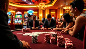 Joueurs enthousiastes s'engageant dans un cadre luxueux de casino en ligne avec des jetons de poker élégants et des machines à sous vibrantes.