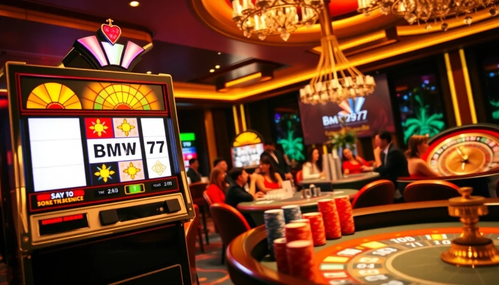 Bmw777 slot machine showcases vibrant graphics in an upscale casino setting.