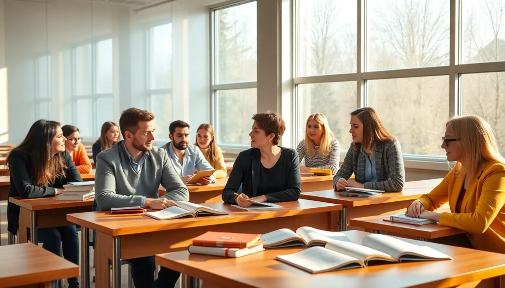 Students in a modern classroom studying for the telc B1 Zertifikat, showcasing diversity and engagement.