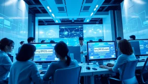 Innovative professionals interacting in a modern workspace centered around https://rr9935.com/ technology.