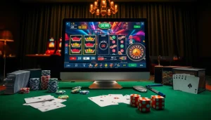 Vivez l'excitation du casino en ligne avec des interfaces vibrantes et des éléments de poker classiques.