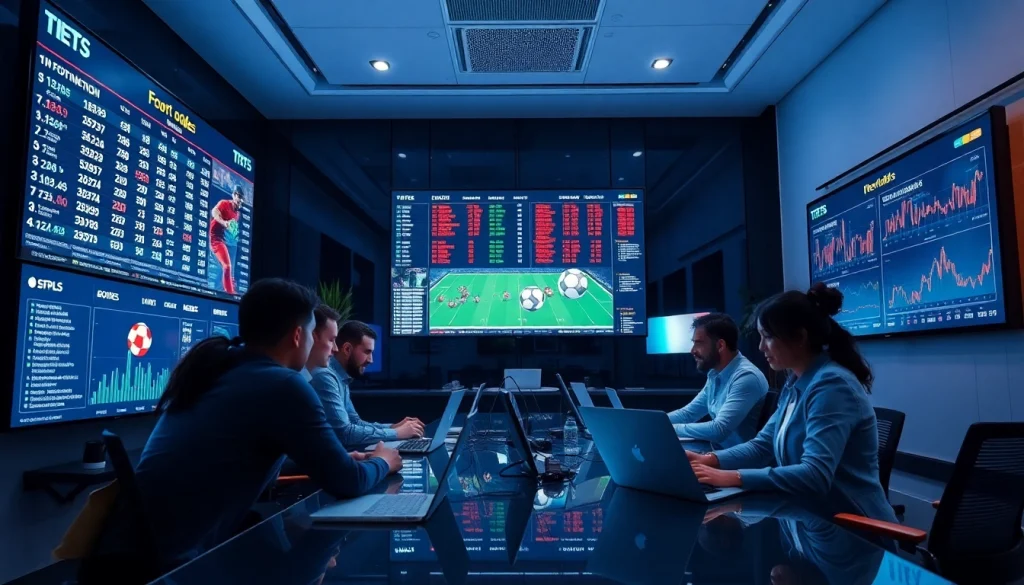 Modern sports analytics office displaying live odds and statistics from https://keonhacai.gold/ with analysts discussing trends.