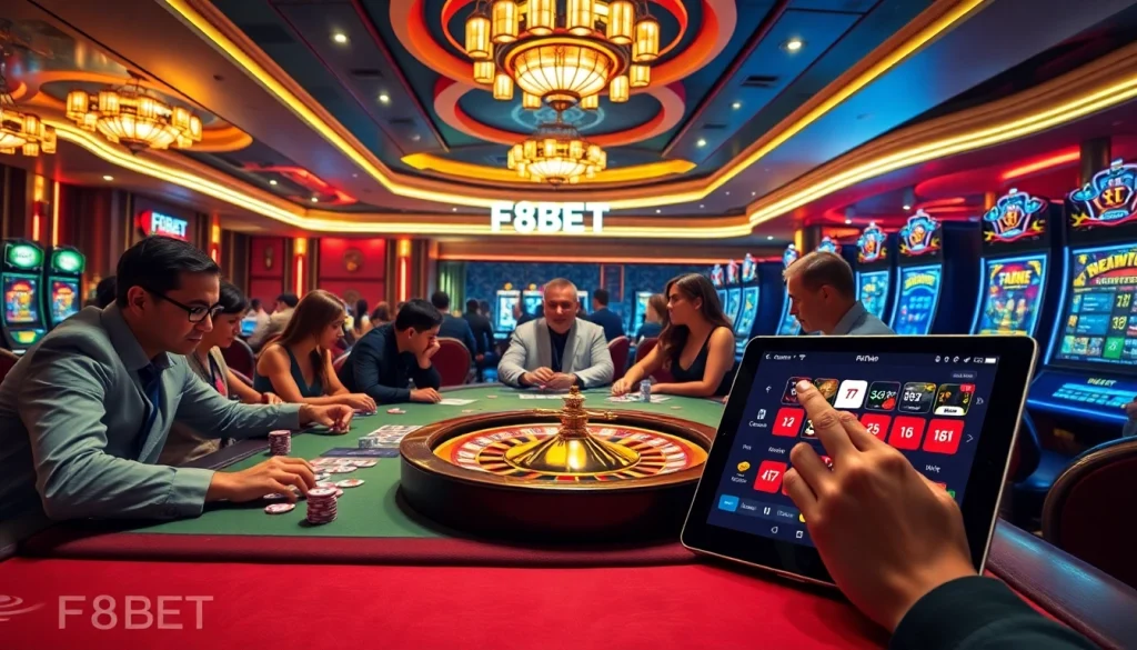 Gambling scene celebrating F8BET with players at a poker table, luxurious casino ambiance.