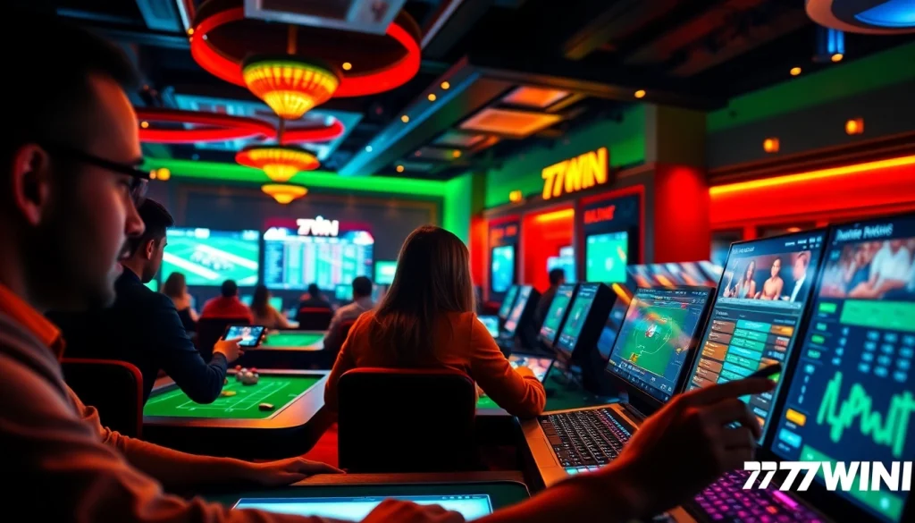 Engaging scene of nhà cái 77win online betting atmosphere with players and digital interfaces.